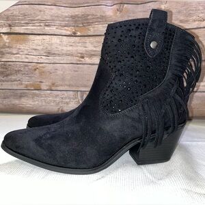 Southern Fried Chics Rhinestone Fringe Black Suede Cowgirl Booties Size 10 NWT